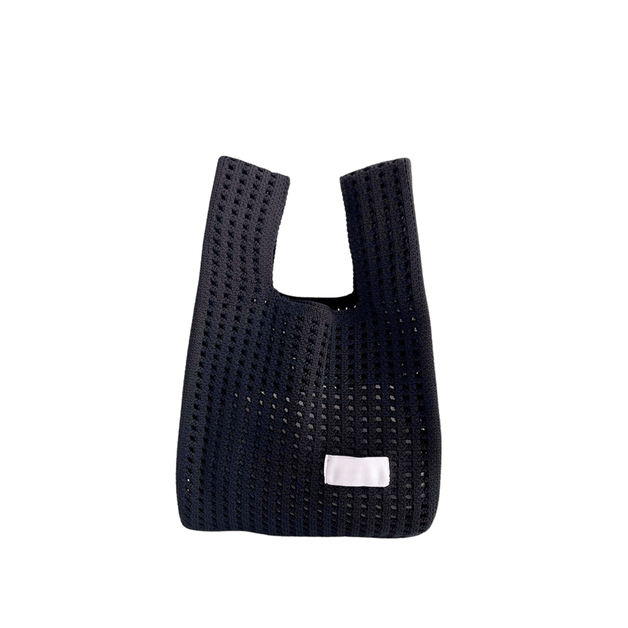 Black crochet ladies handbag with white woven label