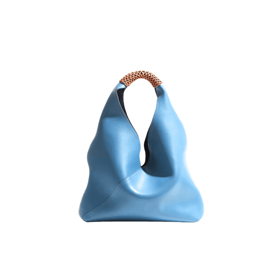 Blue ladies handbag with weave handle and splicing on the body