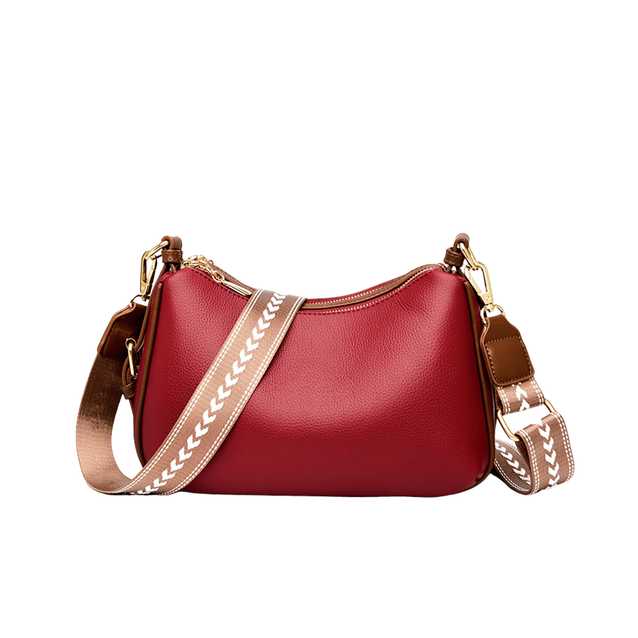 Red ladies crossbody bag with brown trim PU and webbing shoulder strap