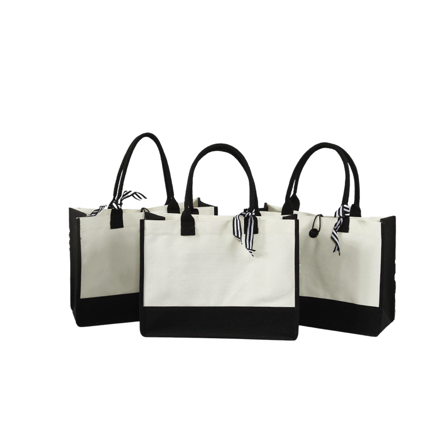 Beige canvas ladies tote with black trim and decorative stripe ribbon bowknot