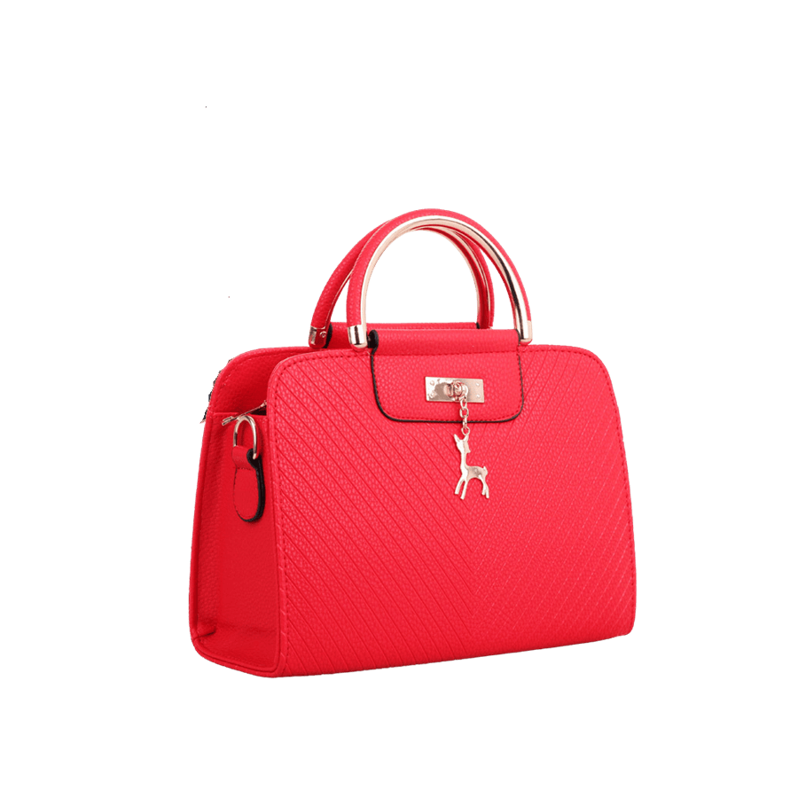 Beige embossed ladies tote bag with metal handle and decorative hardware