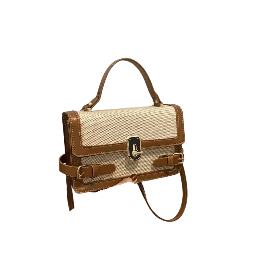 Beige ladies handbag with brown trim PU and lock closure