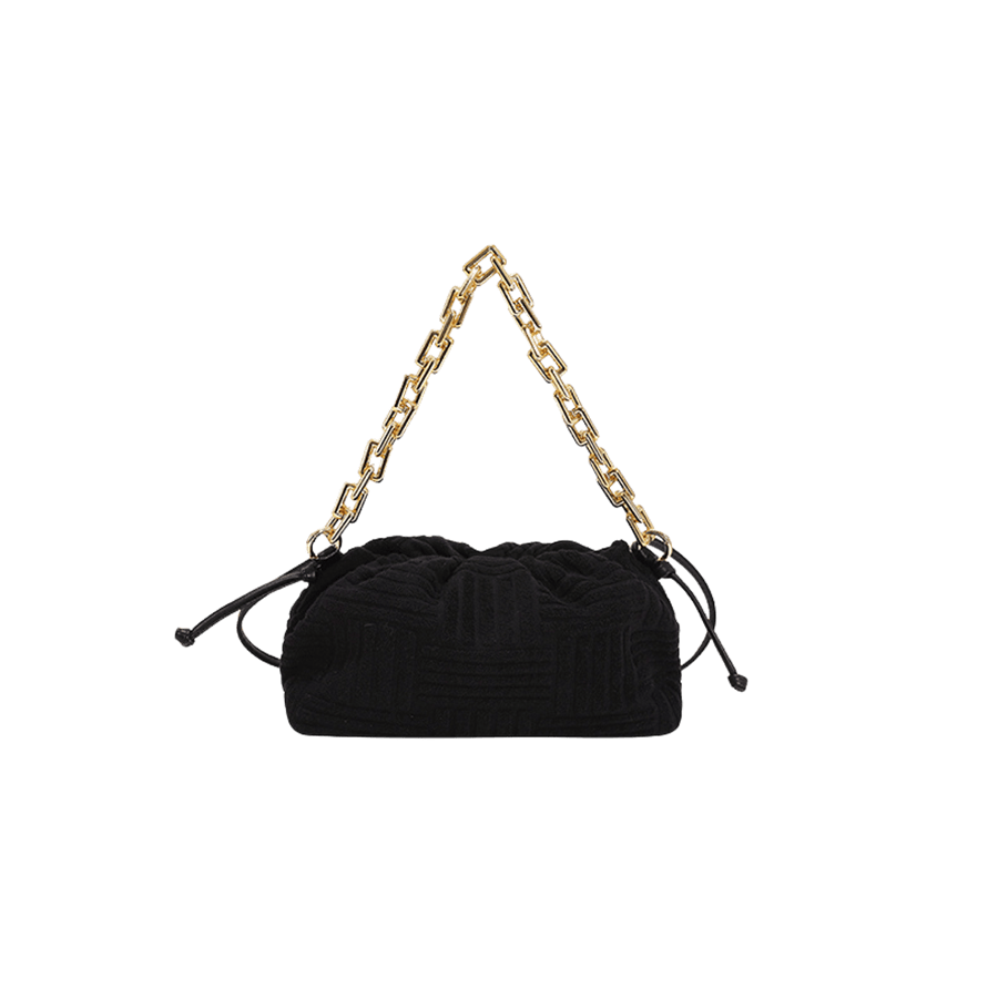 Black ladies handbag with drawstring closure and chain handle