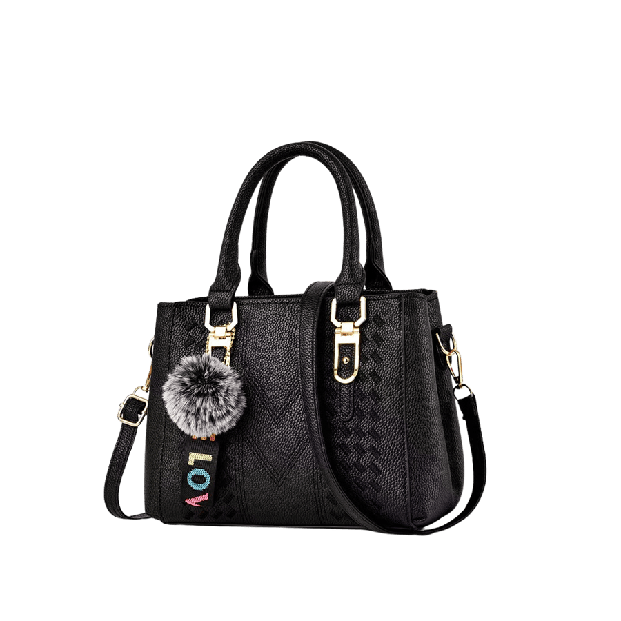 Black weave ladies handbag with detachable pompom and metal tab of handle