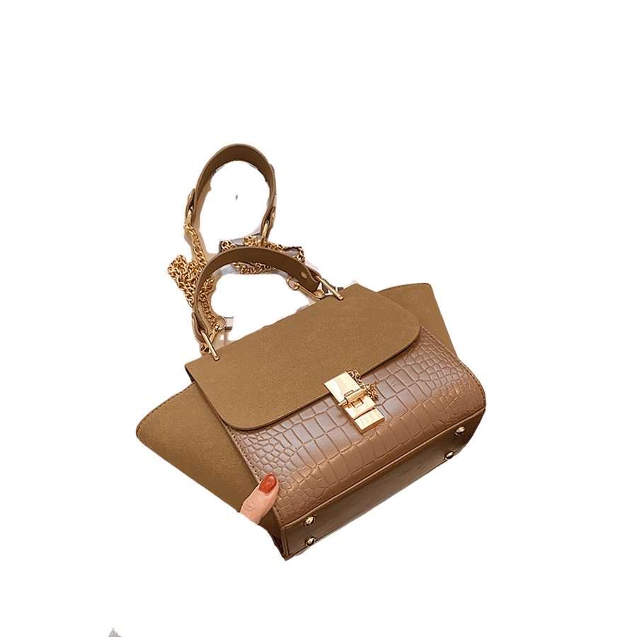 Camel croco PU ladies hadnbag with matching faux suede and lock closure