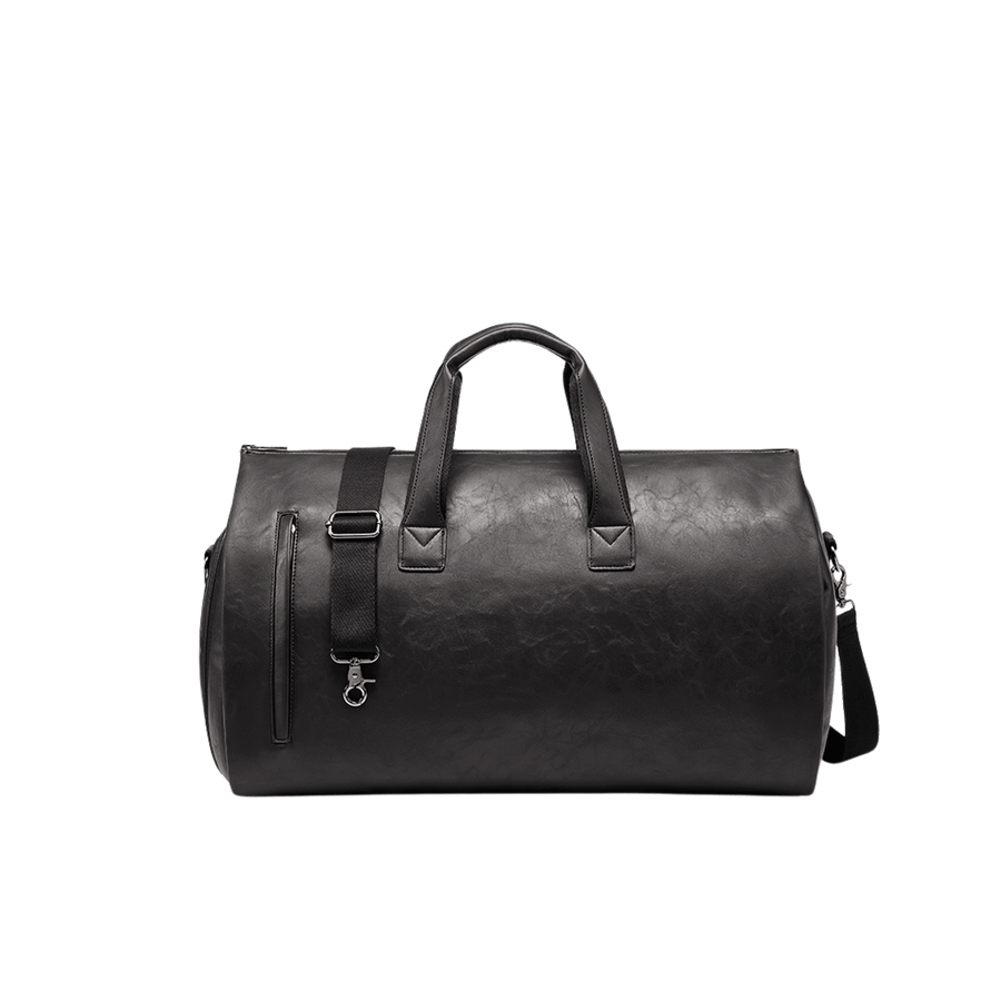 Black duffel bag with zipper pocket on the front