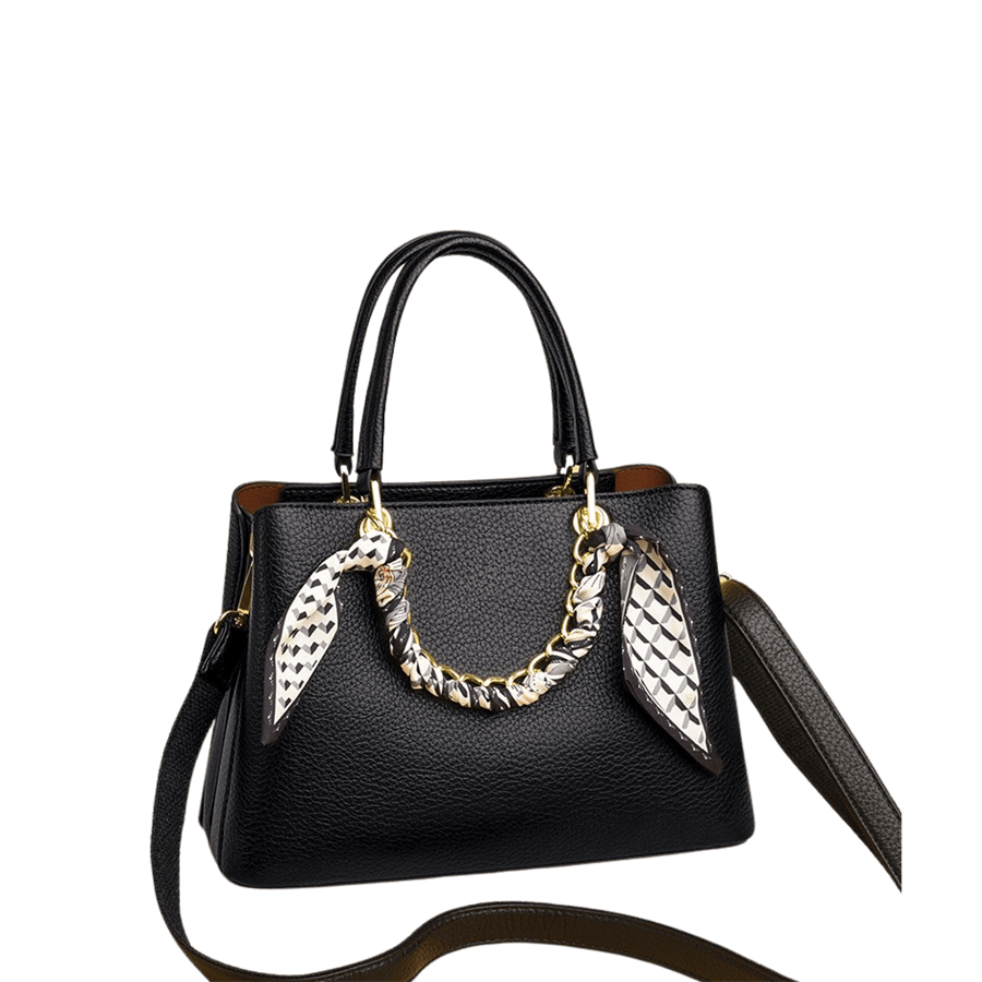 Black ladies handbag with decorative chain handle & scarf