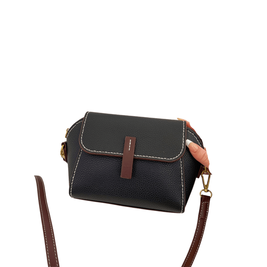Black ladies crossbody bag with brown trim PU and white stitching