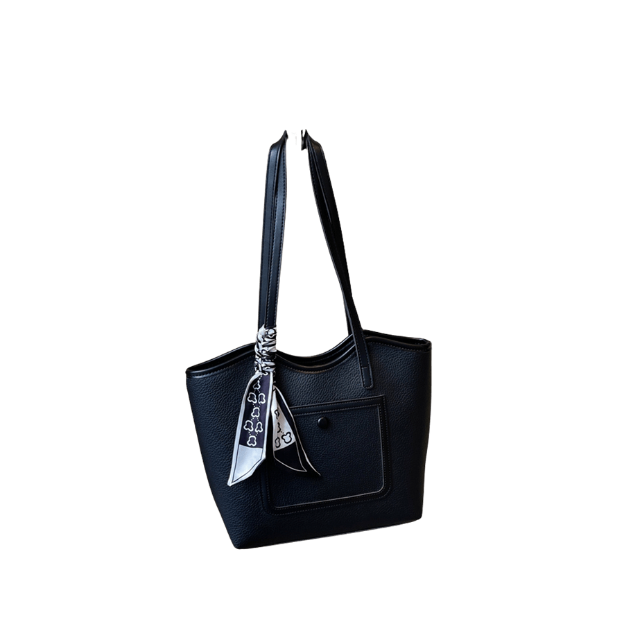 Black ladies bag tote with decorative scarf and black trim PU