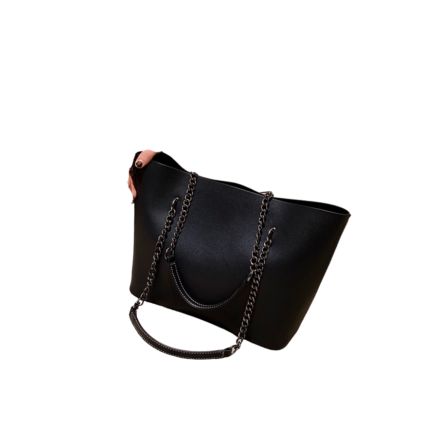 Black ladies tote bag with chain+PU handle and contrast stitching