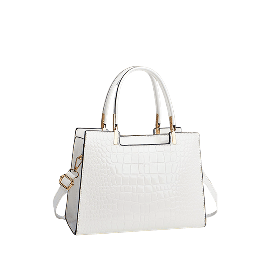 White croco PU ladies tote bag with metal tab on the handle and contrast edge painting