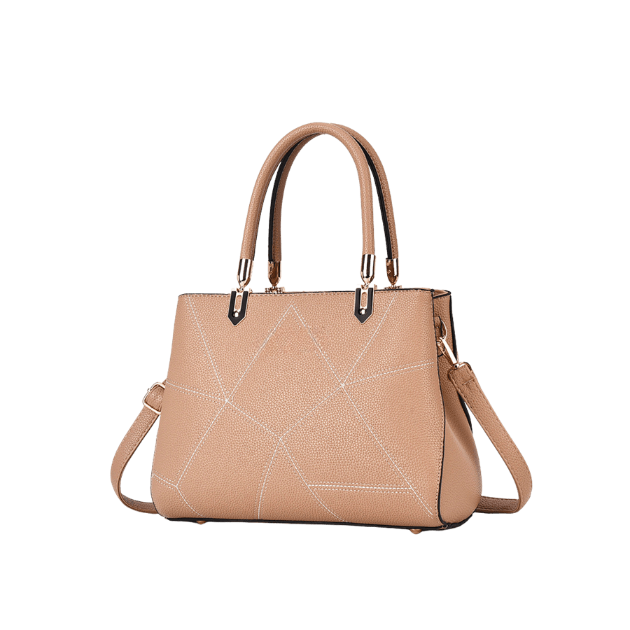 Camel  splicing PU ladies handbag with metal tab of handle and metal feets