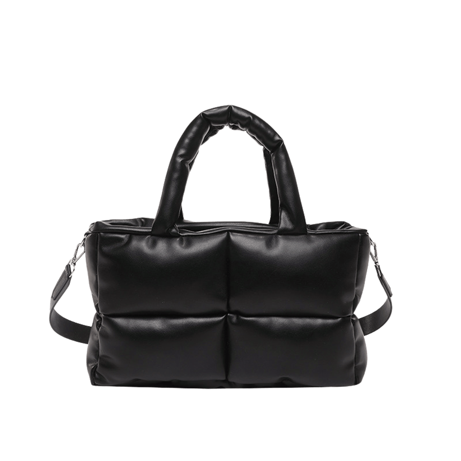 Black PU puffy ladies handbag with square quilting and magnetic snap closure