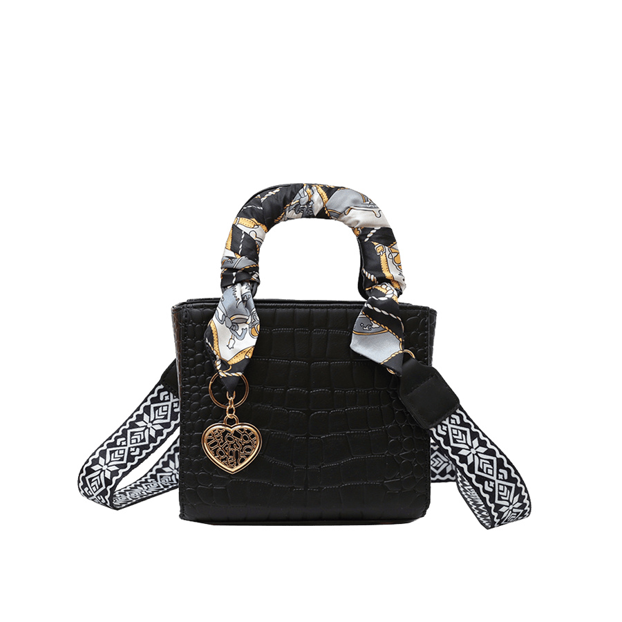 Black croco PU ladies handbag with scarf and detachable metal hangtag