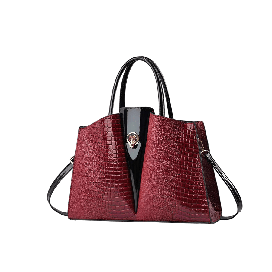 Burgundy croco PU with black trim patent PU and lock closure