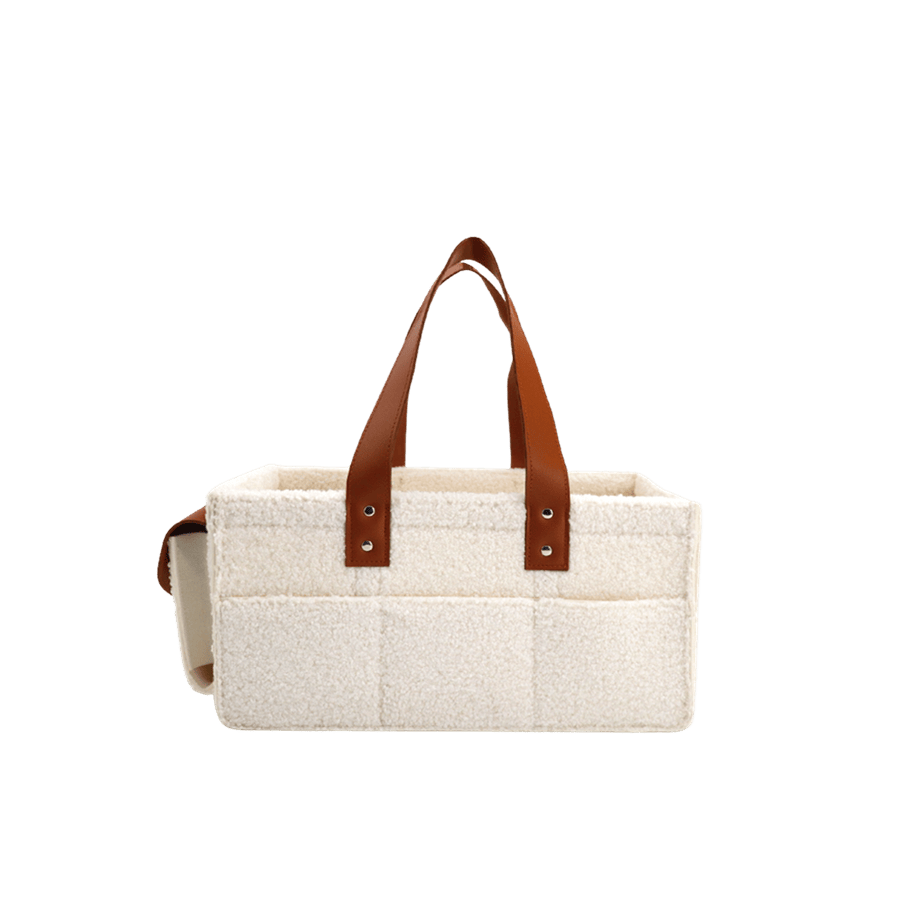 Beige sherpa ladies box shape handbag with brown trim PU and side pocket