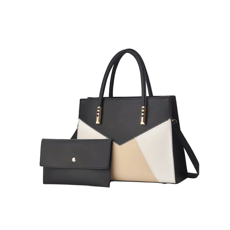 Splicing PU ladies handbag sets with metal tab and decorative stitching