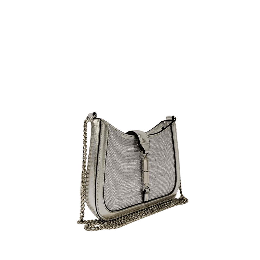 Silver rhinestone ladies handbag with clips closure and contrast edge painting