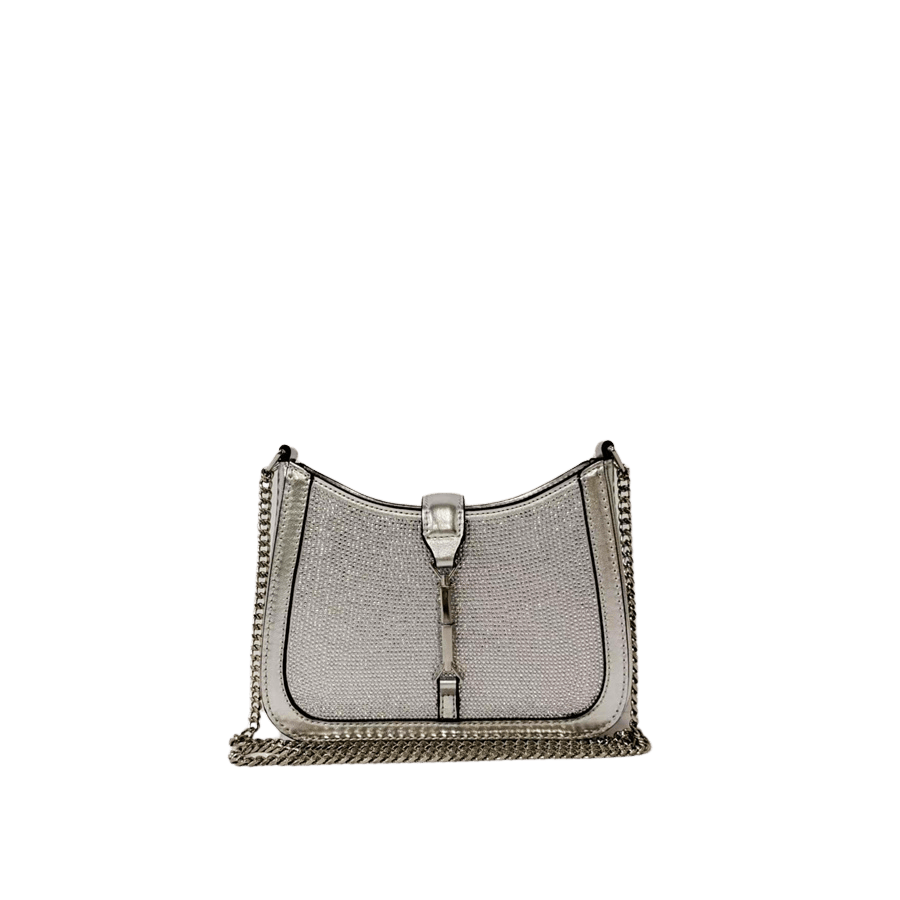 Silver rhinestone ladies handbag with clips closure and contrast edge painting