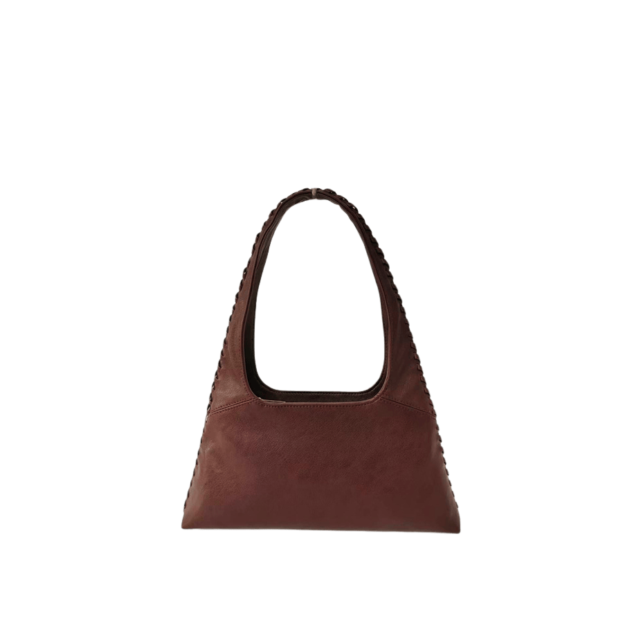 Black ladies handbag with weave on the body and top zip closure