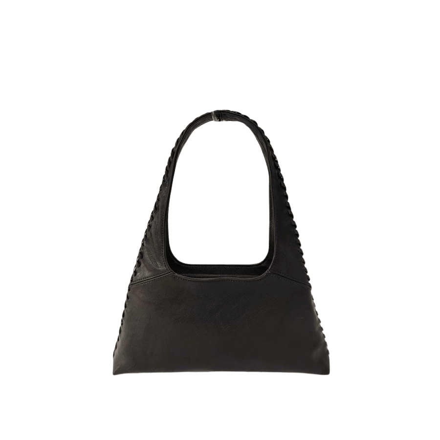 Black ladies handbag with weave on the body and top zip closure