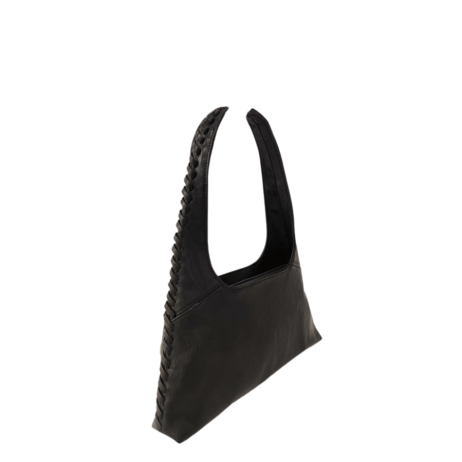 Black ladies handbag with weave on the body and top zip closure