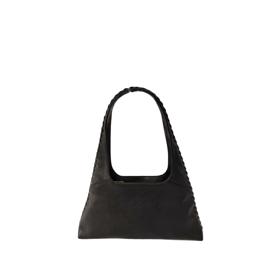 Black ladies handbag with weave on the body and top zip closure