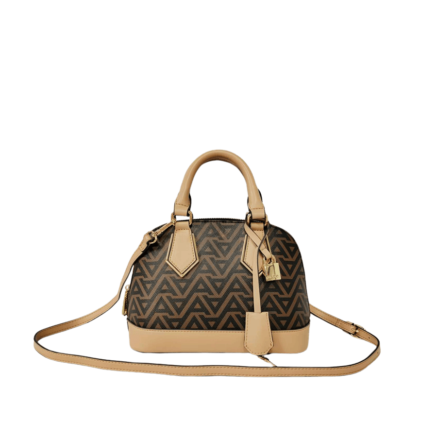 Beige ladies handbag with metal plate and contrast edge painting