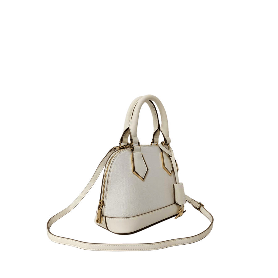 Beige ladies handbag with metal plate and contrast edge painting