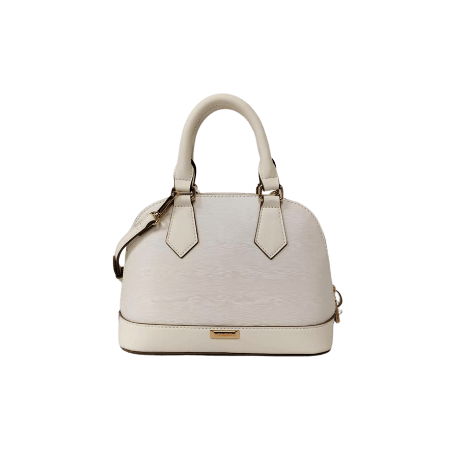 Beige ladies handbag with metal plate and contrast edge painting
