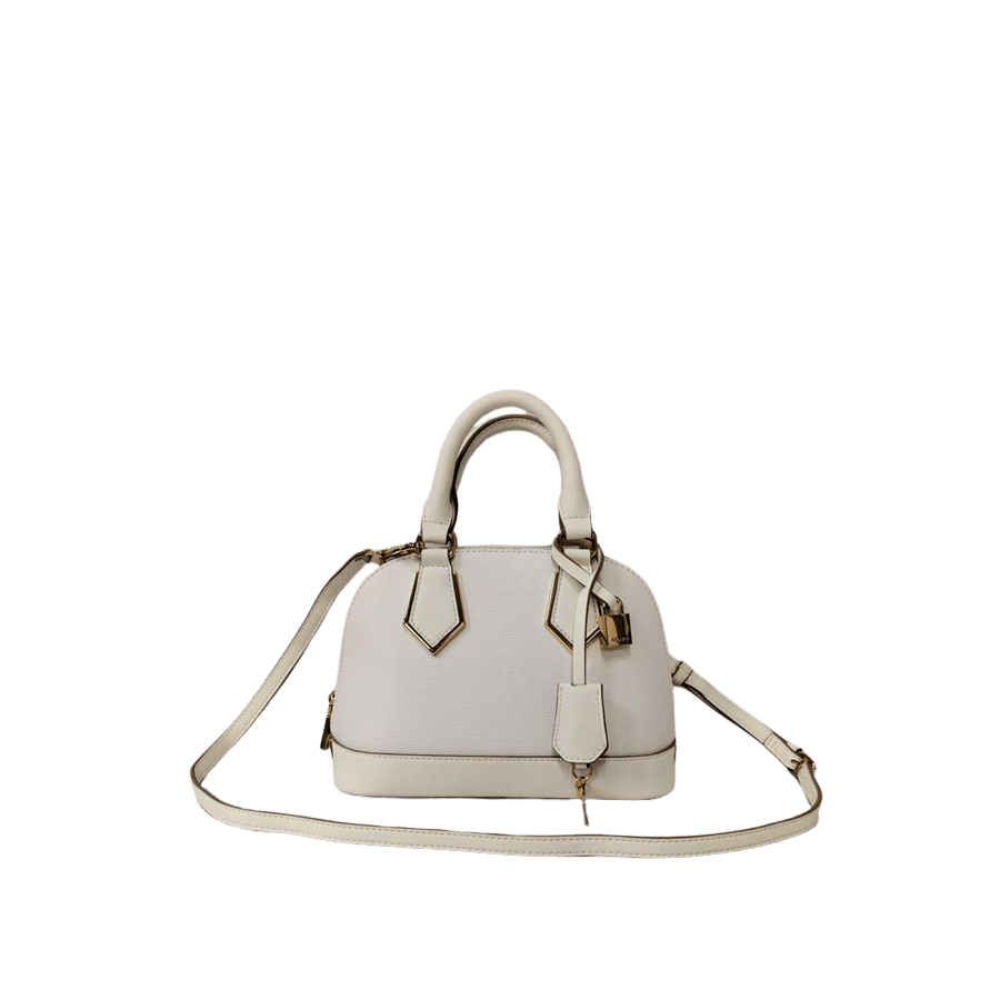 Beige ladies handbag with metal plate and contrast edge painting
