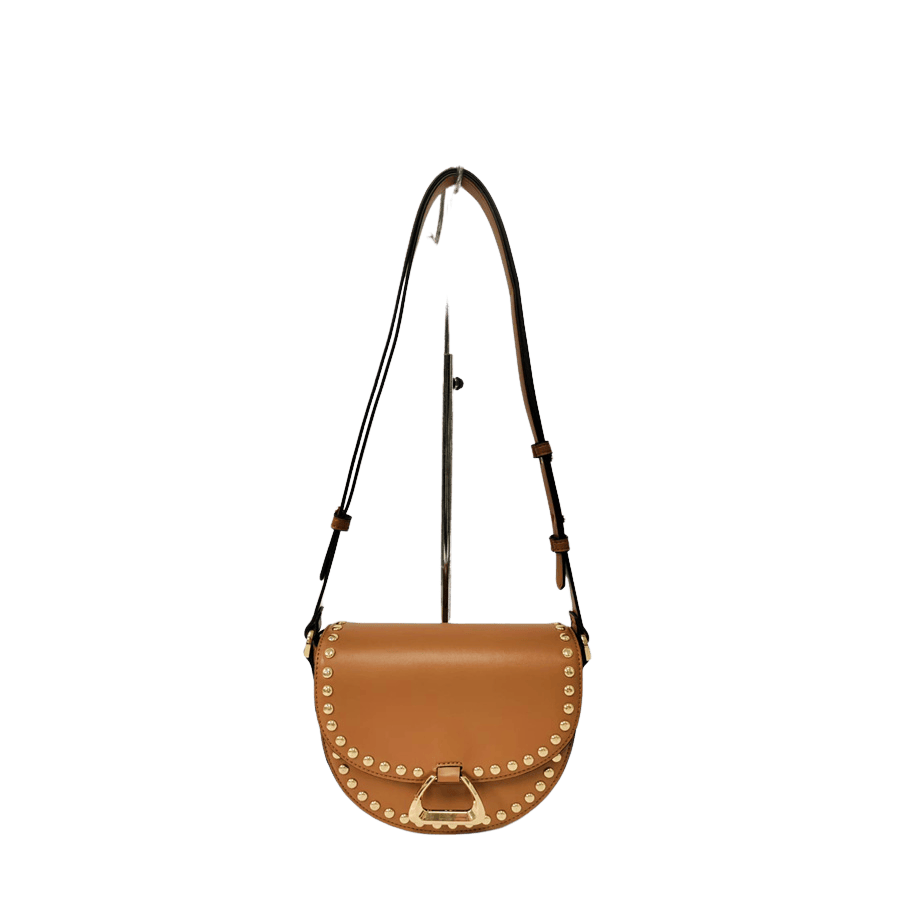 White ladies crossbody bag with decorative  hardware on the flap and contrast edge painting