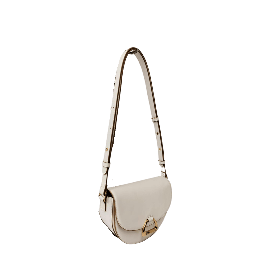 White ladies crossbody bag with decorative  hardware on the flap and contrast edge painting