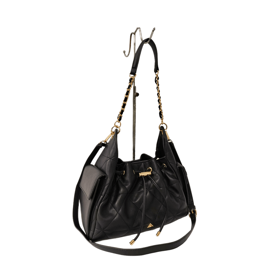 Black quilting ladies handbag with string closure and side open pockets