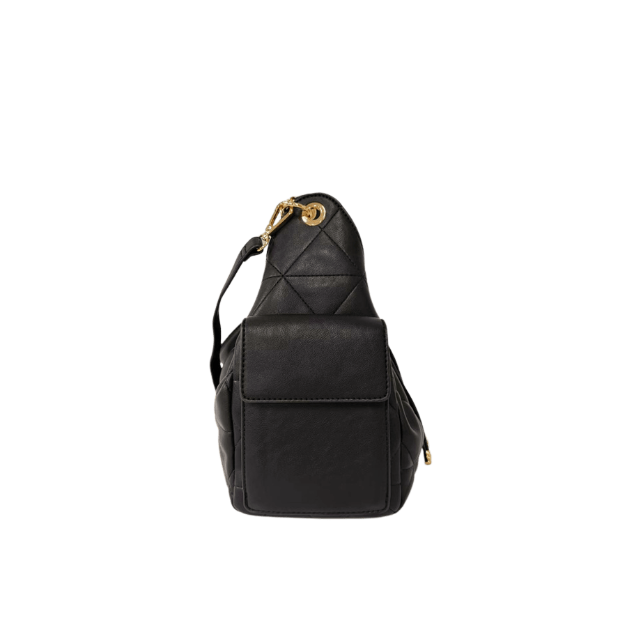 Black quilting ladies handbag with string closure and side open pockets