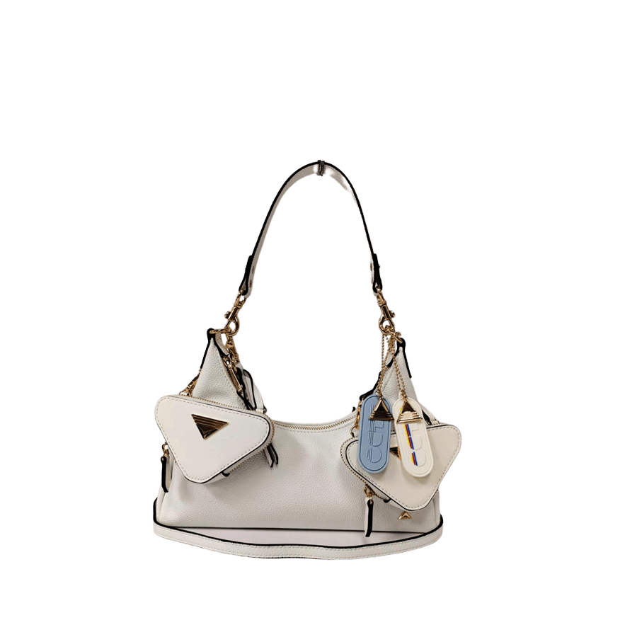 White ladies handbag with detachable triangle pouch and rubber hangtag