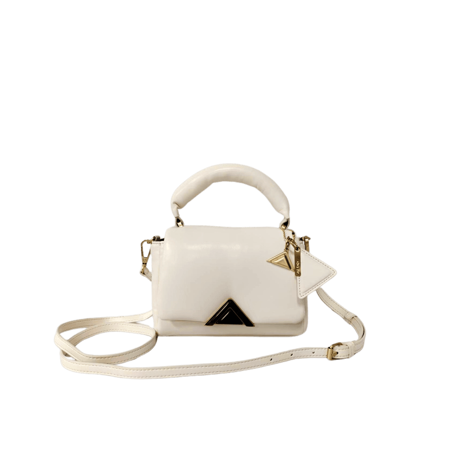 Black quilting puffy ladies handbag with decorative triangle hardware and detachable triangle hangtag