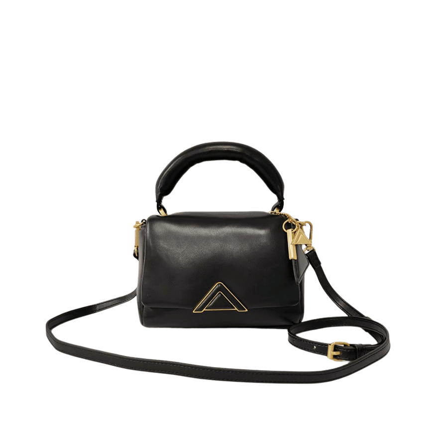 Black quilting puffy ladies handbag with decorative triangle hardware and detachable triangle hangtag