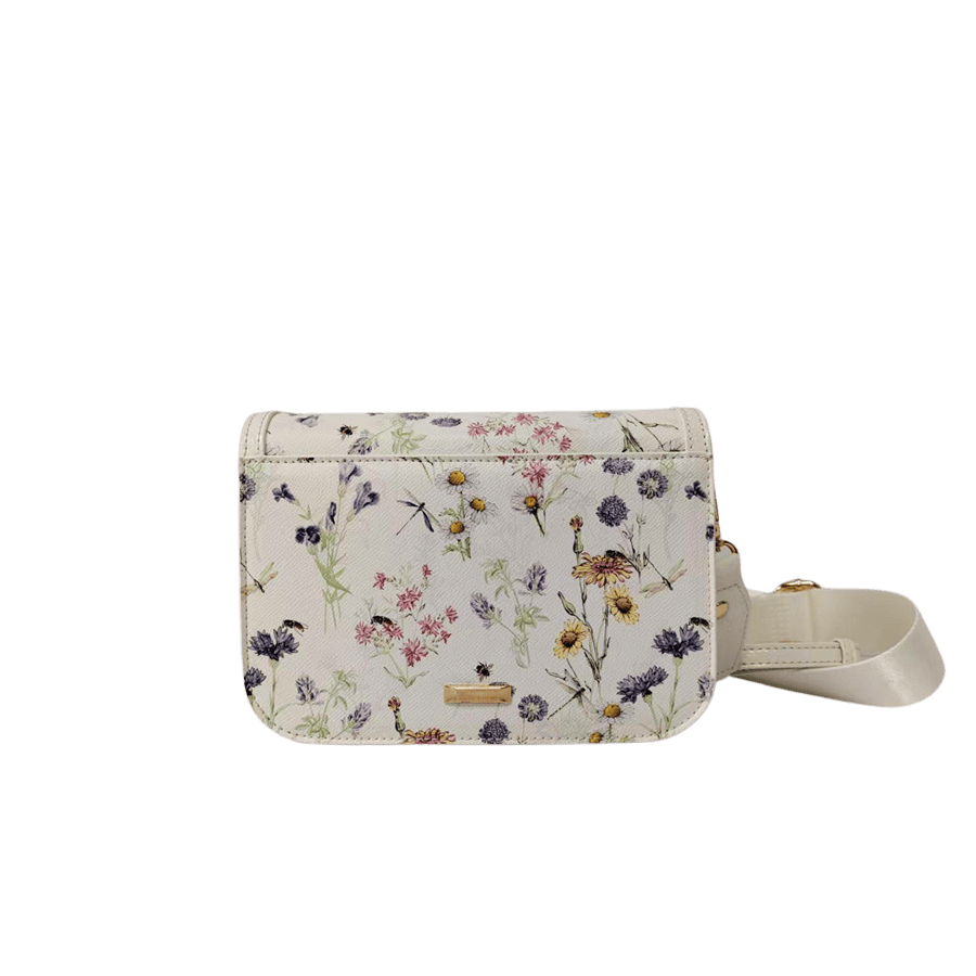 Crossbody bag with lock closure and metal plate on the back