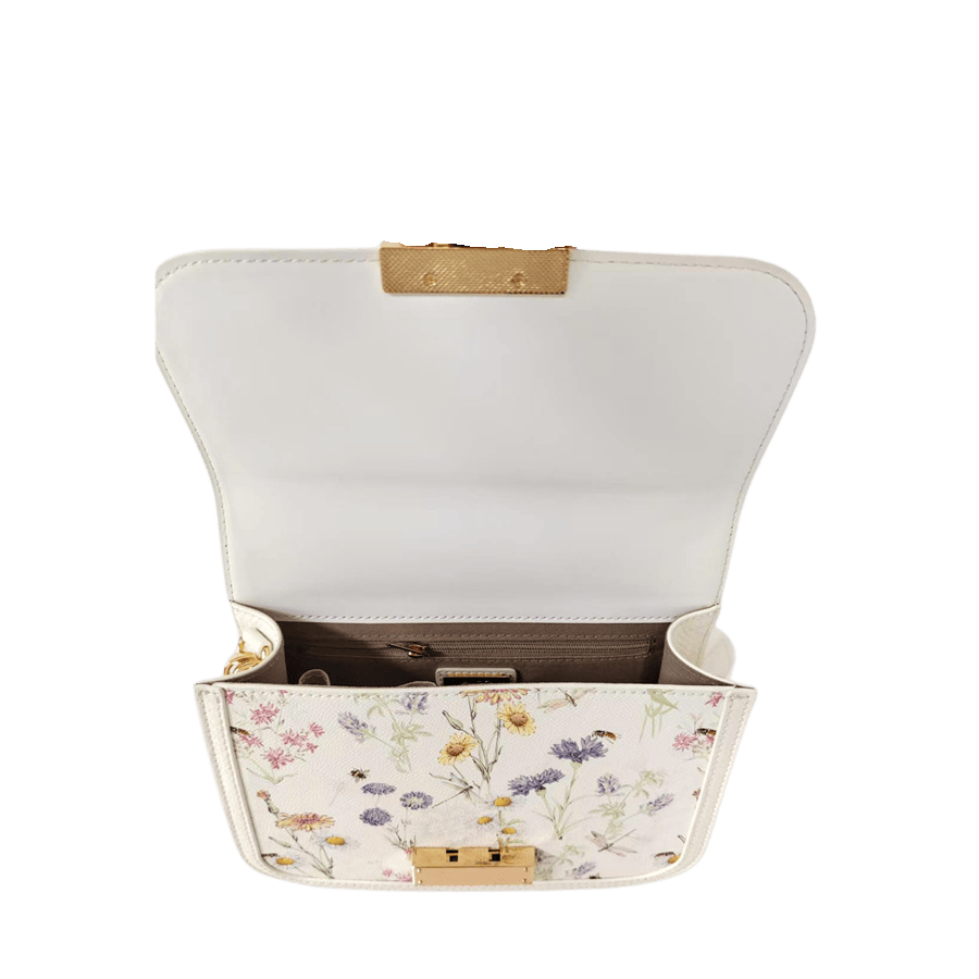 Crossbody bag with lock closure and metal plate on the back