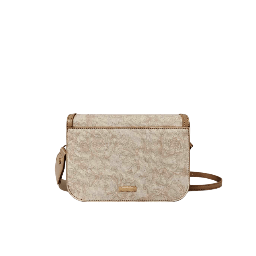 Crossbody bag with lock closure and metal plate on the back