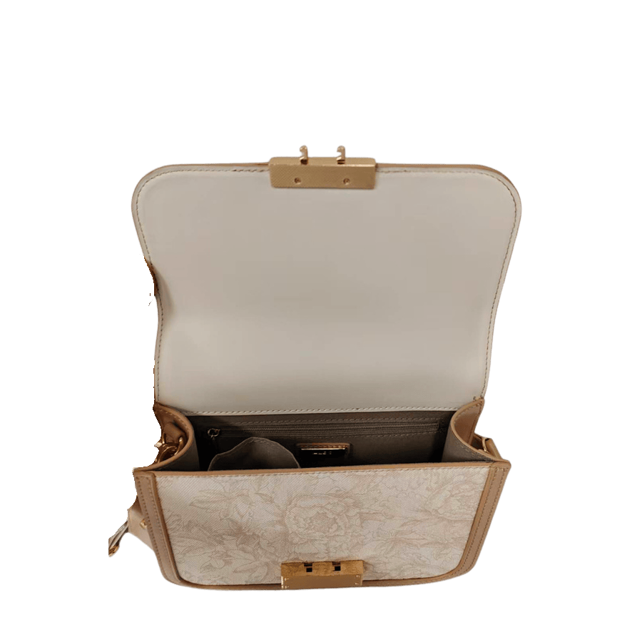 Crossbody bag with lock closure and metal plate on the back