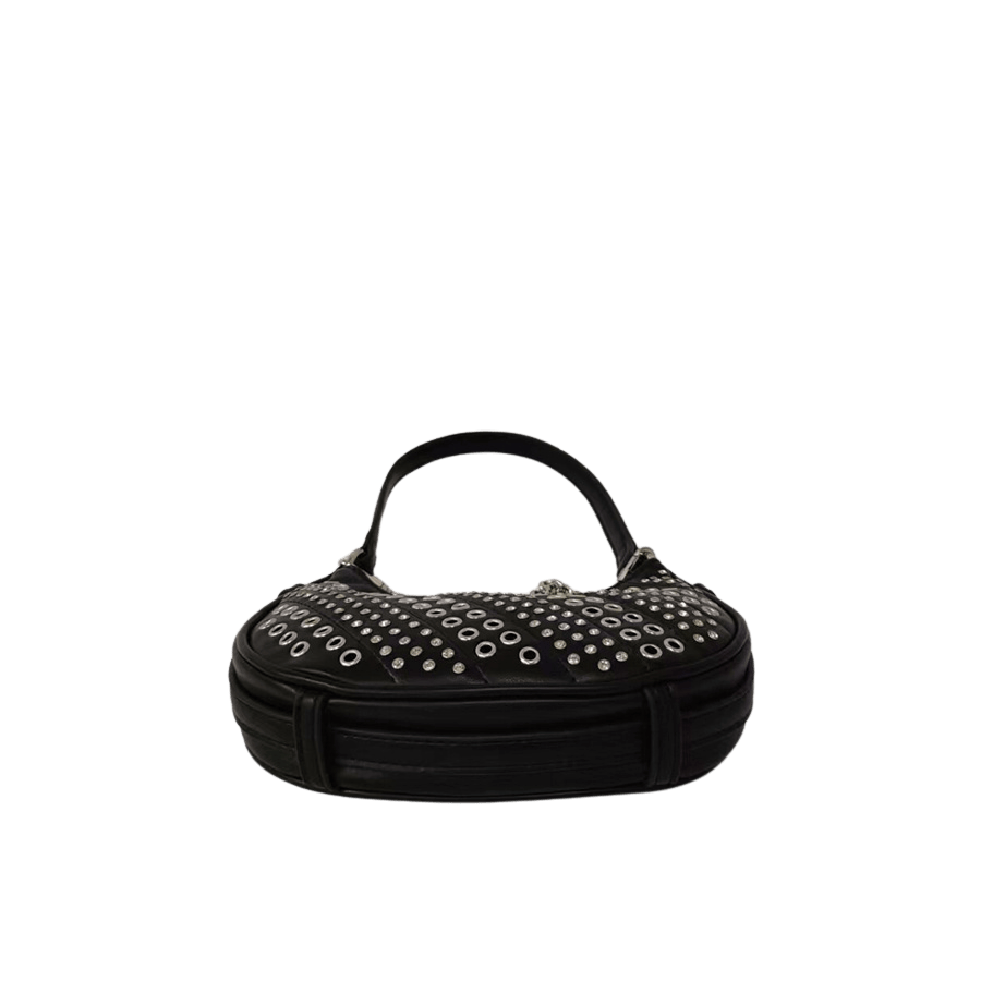 Black ladies handbag with decorative studs and detachable chain handle