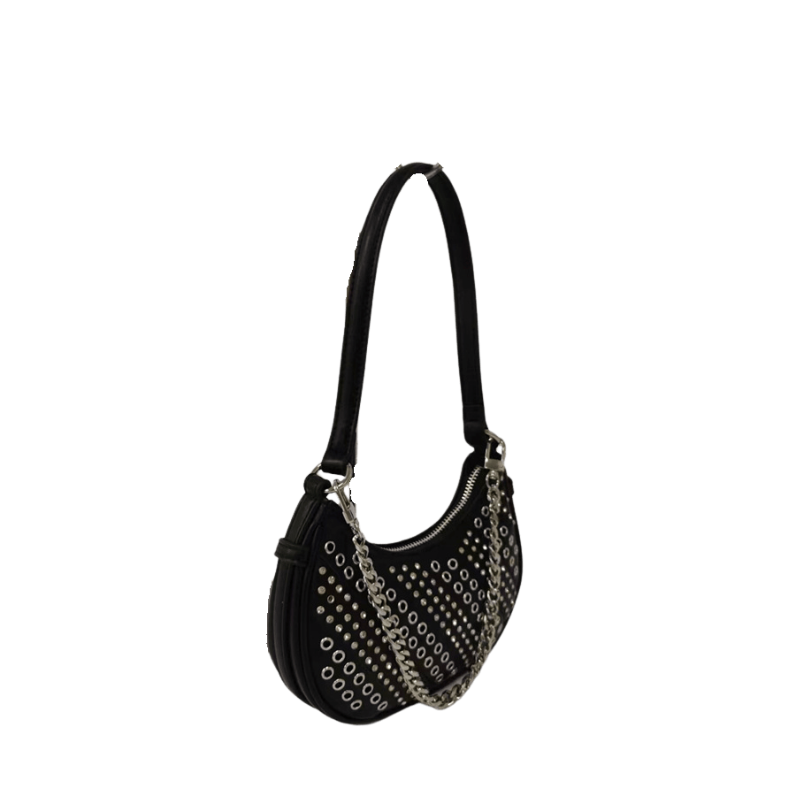 Black ladies handbag with decorative studs and detachable chain handle