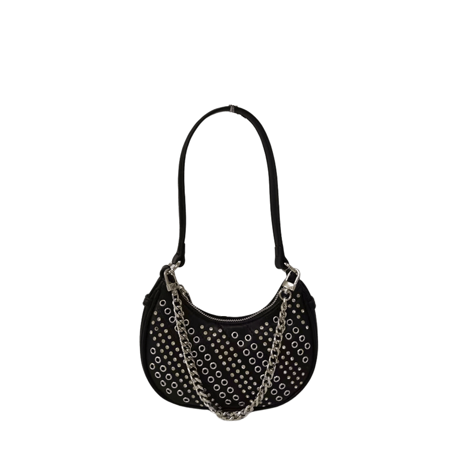 Black ladies handbag with decorative studs and detachable chain handle