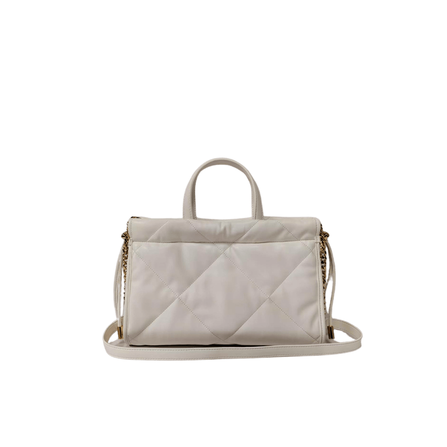Black quilting ladies handbag with metal plate and string closure on the gussets