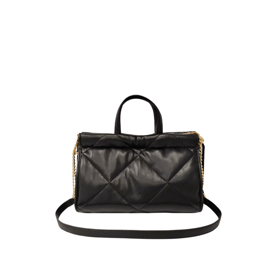 Black quilting ladies handbag with metal plate and string closure on the gussets