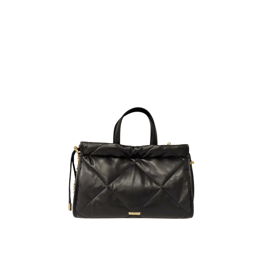 Black quilting ladies handbag with metal plate and string closure on the gussets