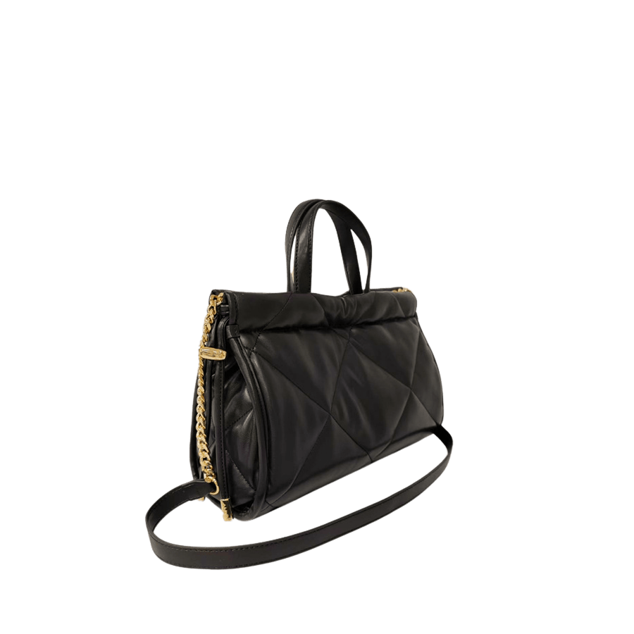 Black quilting ladies handbag with metal plate and string closure on the gussets