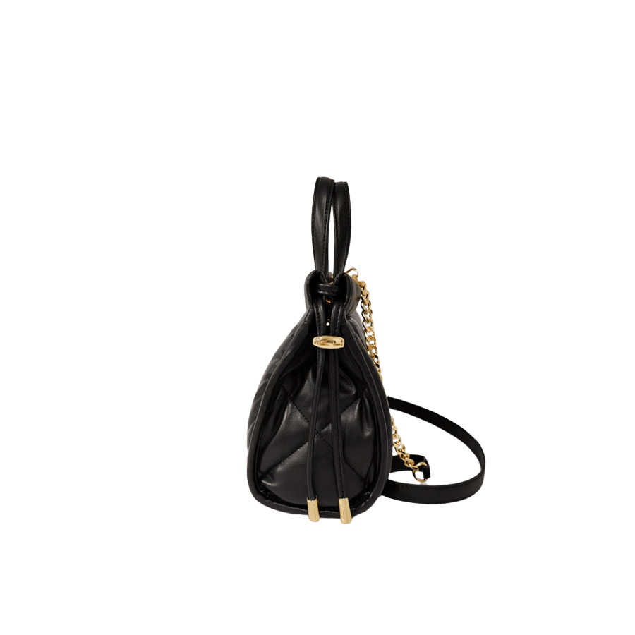 Black quilting ladies handbag with metal plate and string closure on the gussets